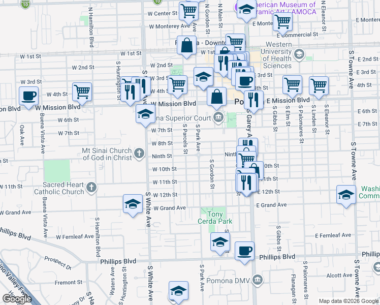 map of restaurants, bars, coffee shops, grocery stores, and more near 565 West 9th Street in Pomona