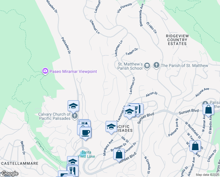 map of restaurants, bars, coffee shops, grocery stores, and more near 16900 Enchanted Place in Los Angeles