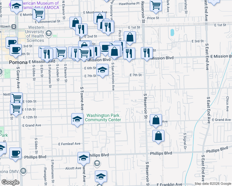 map of restaurants, bars, coffee shops, grocery stores, and more near 910 South San Antonio Avenue in Pomona