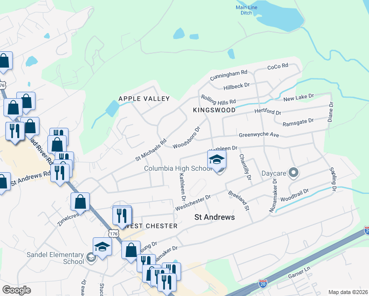 map of restaurants, bars, coffee shops, grocery stores, and more near 1838 Woodsboro Dr in Columbia