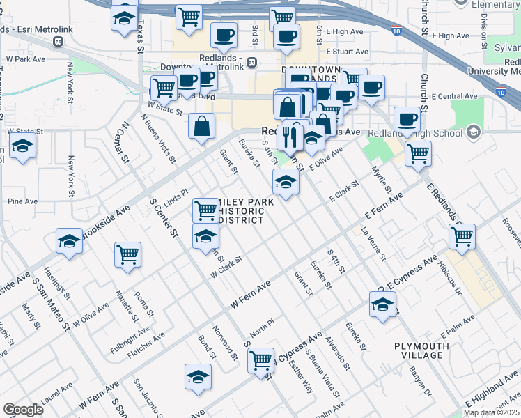 map of restaurants, bars, coffee shops, grocery stores, and more near 305 West Olive Avenue in Redlands