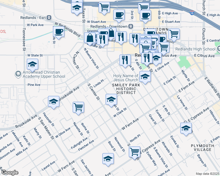 map of restaurants, bars, coffee shops, grocery stores, and more near 122 South Buena Vista Street in Redlands