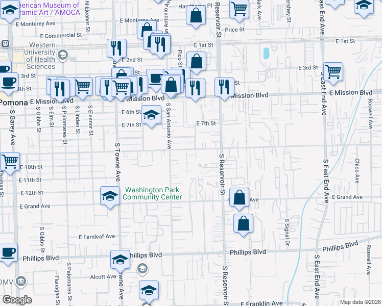 map of restaurants, bars, coffee shops, grocery stores, and more near 1069 Hibiscus Court in Pomona