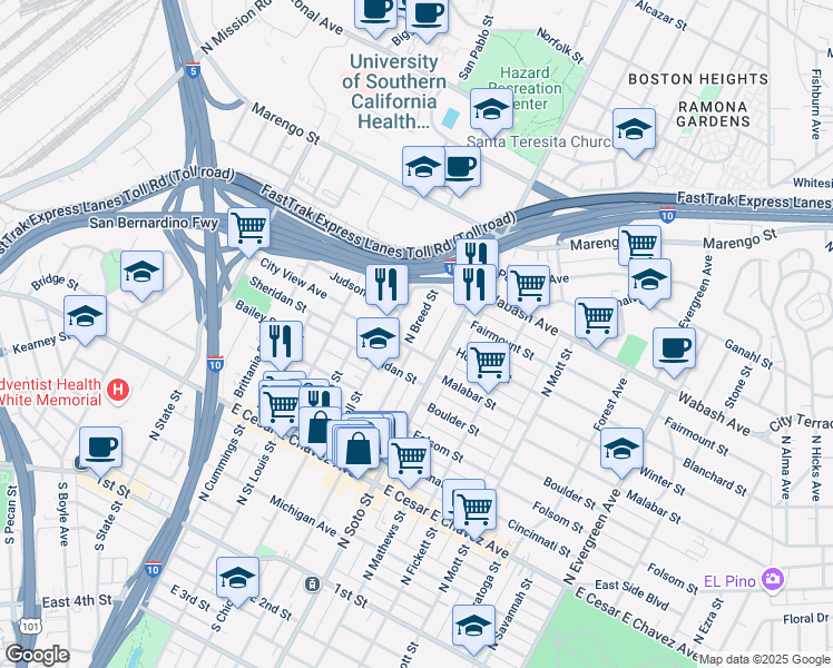 map of restaurants, bars, coffee shops, grocery stores, and more near 616 North Breed Street in Los Angeles