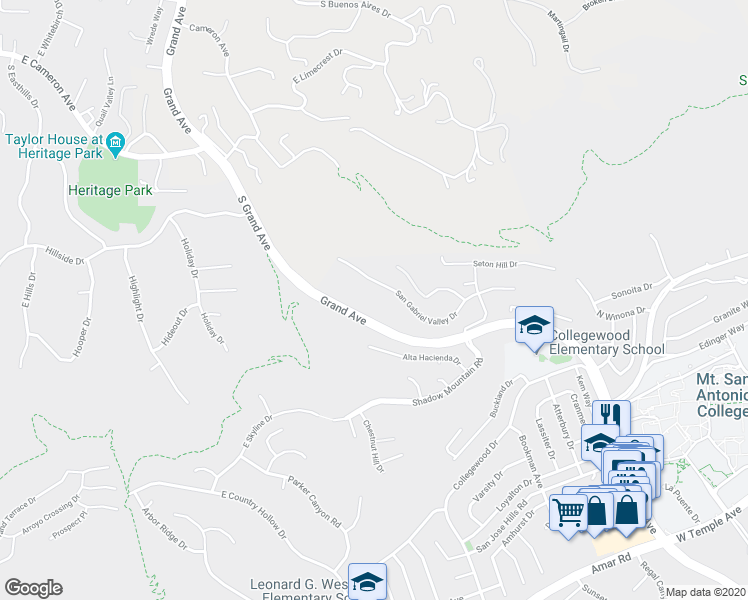 map of restaurants, bars, coffee shops, grocery stores, and more near 20218 San Gabriel Valley Drive in Walnut