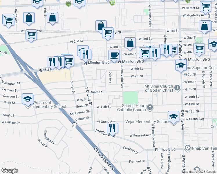 map of restaurants, bars, coffee shops, grocery stores, and more near 1388 West 8th Street in Pomona