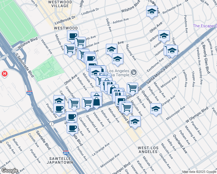 map of restaurants, bars, coffee shops, grocery stores, and more near 1721 Glendon Avenue in Los Angeles