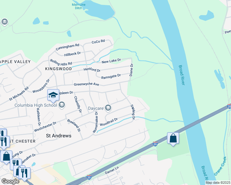 map of restaurants, bars, coffee shops, grocery stores, and more near 2116 Kathleen Drive in Columbia