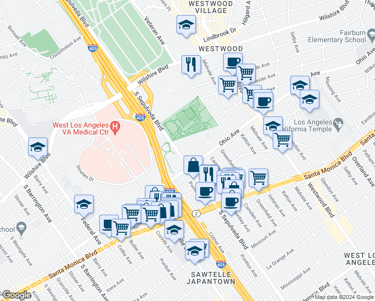 map of restaurants, bars, coffee shops, grocery stores, and more near 1401 South Bentley Avenue in Los Angeles