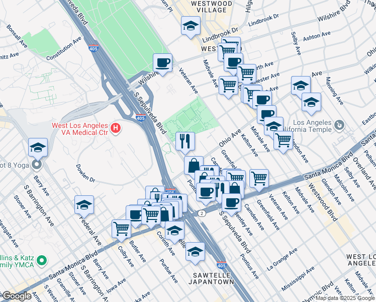 map of restaurants, bars, coffee shops, grocery stores, and more near 1401 South Bentley Avenue in Los Angeles