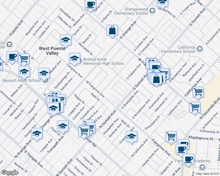 map of restaurants, bars, coffee shops, grocery stores, and more near 1931 South Starfall Drive in West Covina