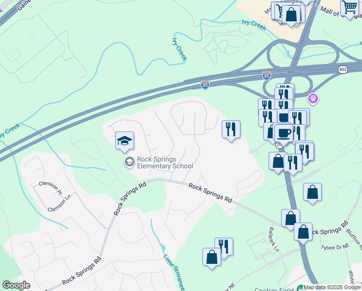 map of restaurants, bars, coffee shops, grocery stores, and more near 3140 Baymount Dr in Lawrenceville