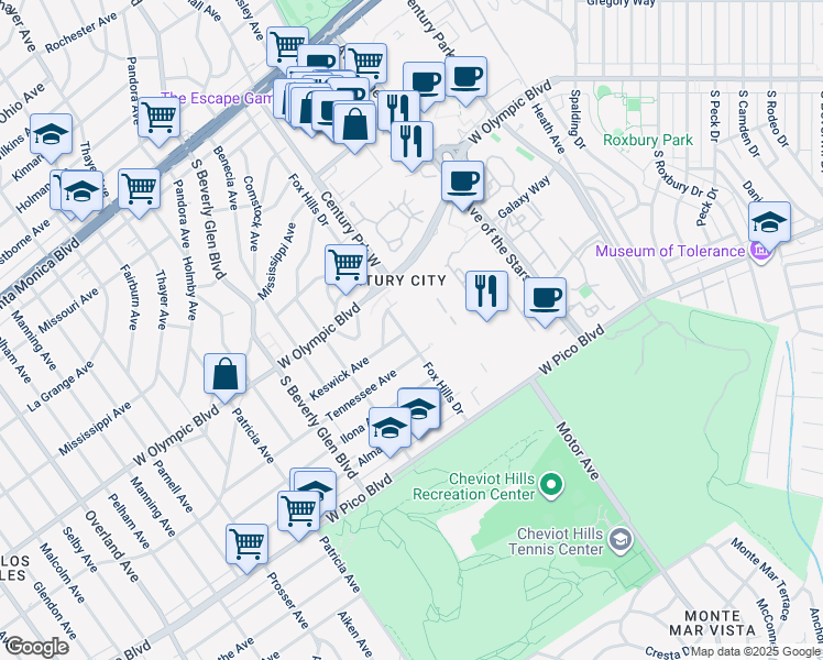 map of restaurants, bars, coffee shops, grocery stores, and more near 2250 Fox Hills Drive in Los Angeles