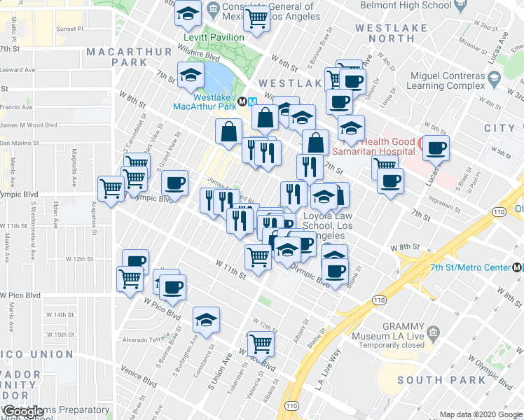 map of restaurants, bars, coffee shops, grocery stores, and more near 1740 James M Wood Boulevard in Los Angeles