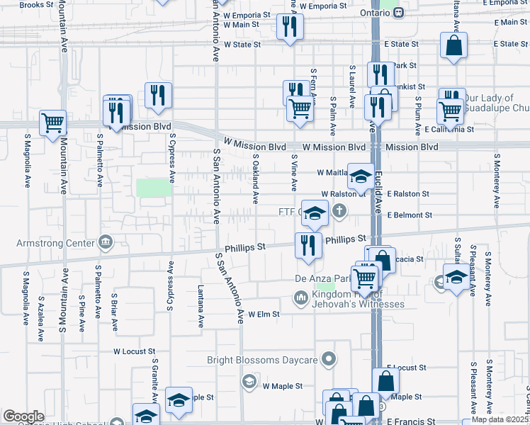 map of restaurants, bars, coffee shops, grocery stores, and more near 550 West Belmont Street in Ontario