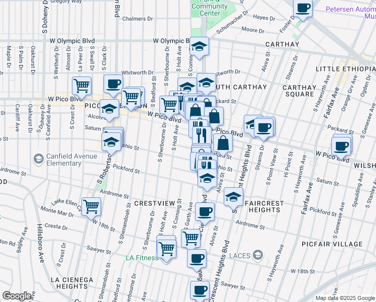map of restaurants, bars, coffee shops, grocery stores, and more near 8536 Saturn Street in Los Angeles