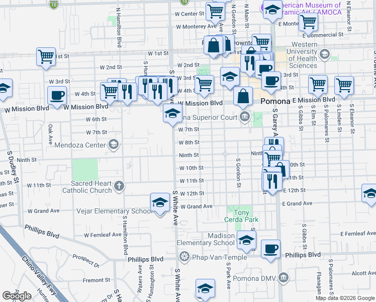map of restaurants, bars, coffee shops, grocery stores, and more near 791 West 9th Street in Pomona