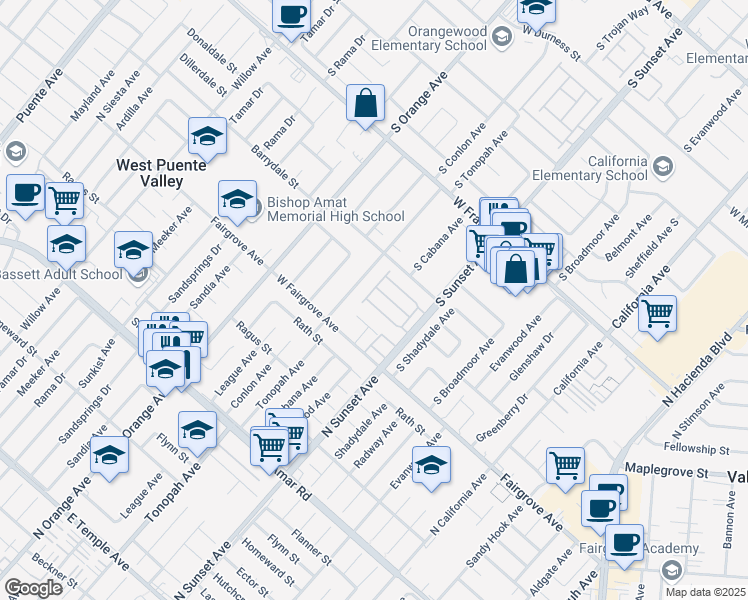 map of restaurants, bars, coffee shops, grocery stores, and more near 1525 West Starburst Drive in West Covina