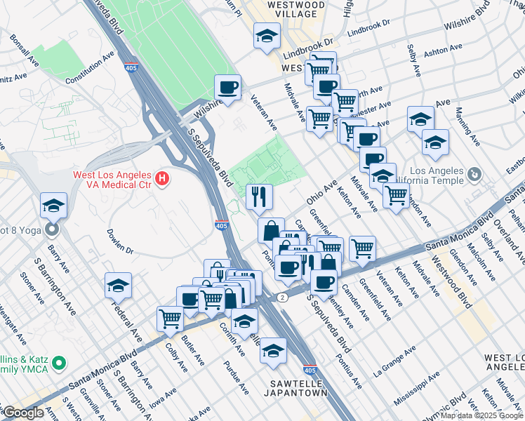 map of restaurants, bars, coffee shops, grocery stores, and more near 1401 South Bentley Avenue in Los Angeles