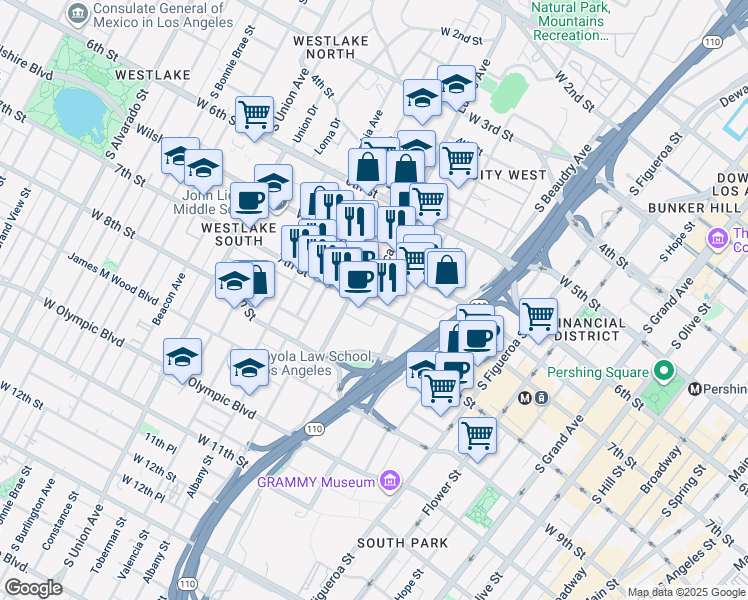 map of restaurants, bars, coffee shops, grocery stores, and more near in Los Angeles