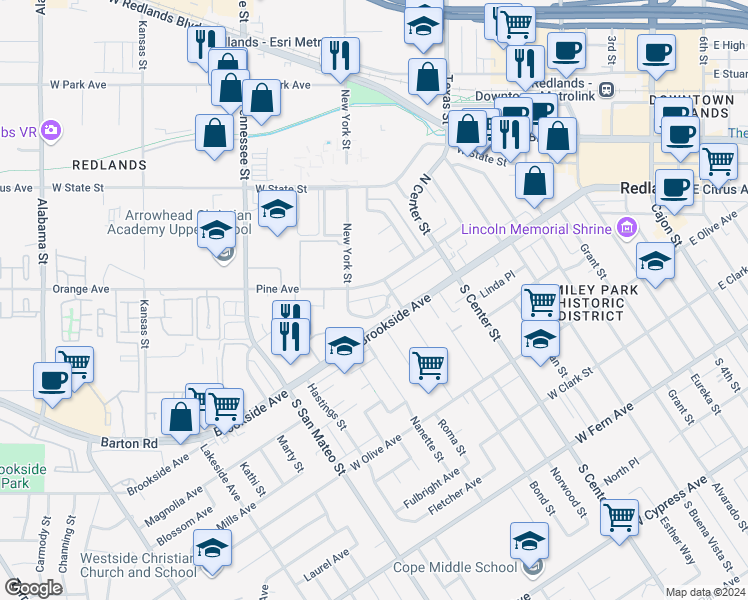 map of restaurants, bars, coffee shops, grocery stores, and more near 950 Palmbrook Drive in Redlands