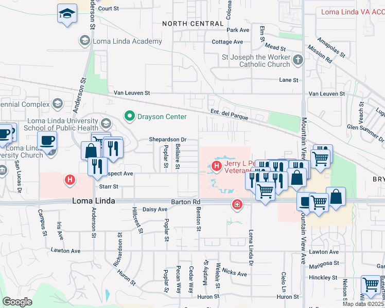 map of restaurants, bars, coffee shops, grocery stores, and more near 25251 La Mar Road in Loma Linda