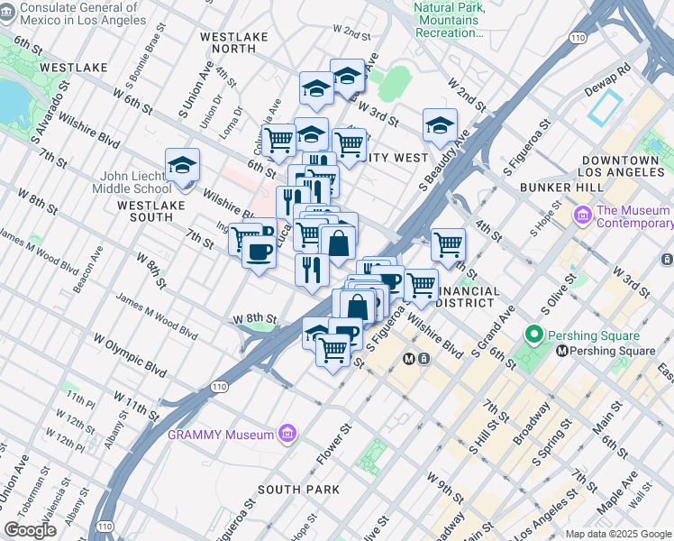 map of restaurants, bars, coffee shops, grocery stores, and more near 1050 Ingraham Street in Los Angeles