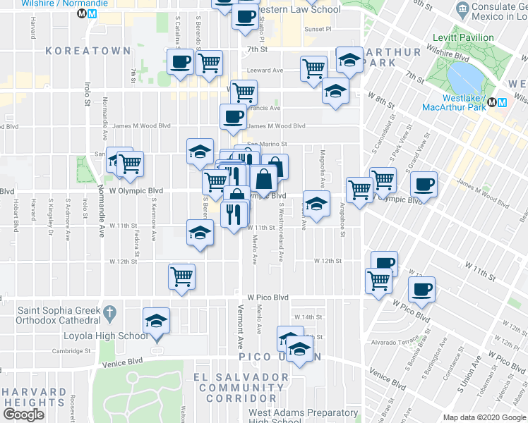 map of restaurants, bars, coffee shops, grocery stores, and more near 1030 Menlo Avenue in Los Angeles