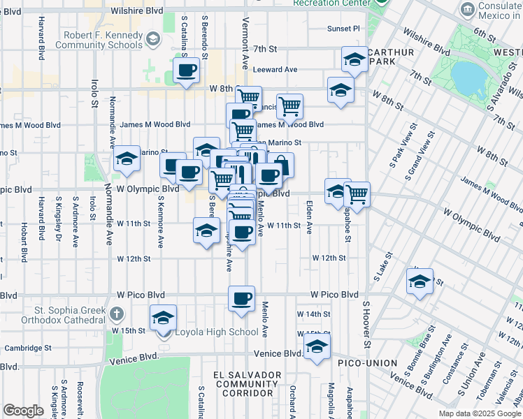 map of restaurants, bars, coffee shops, grocery stores, and more near 1030 Menlo Avenue in Los Angeles