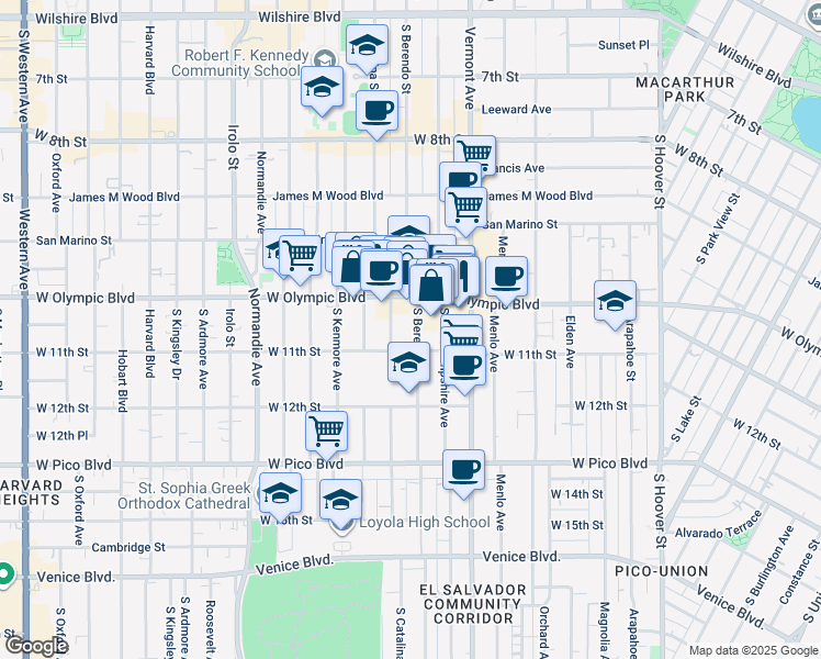 map of restaurants, bars, coffee shops, grocery stores, and more near 1045 South Catalina Street in Los Angeles