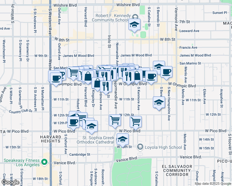 map of restaurants, bars, coffee shops, grocery stores, and more near 1036 Irolo Street in Los Angeles
