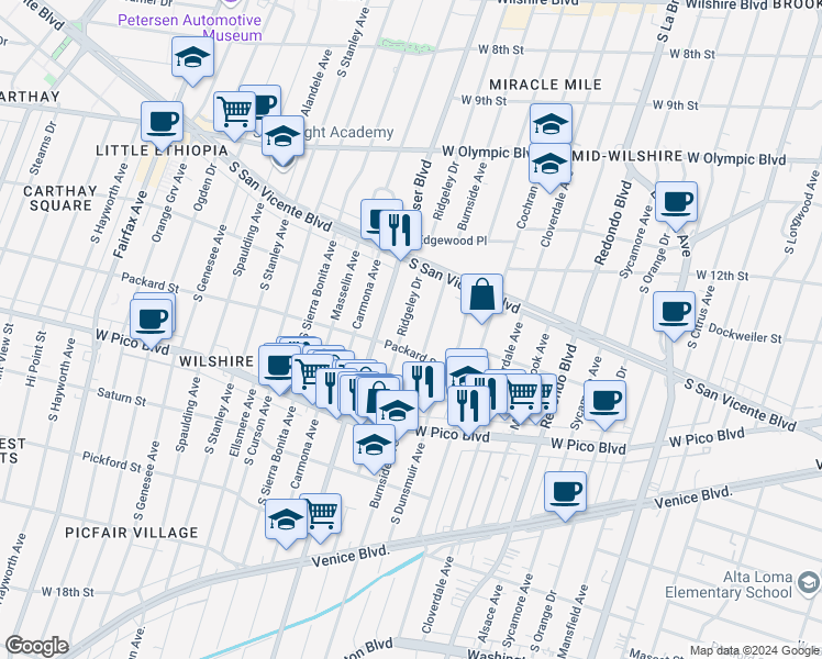 map of restaurants, bars, coffee shops, grocery stores, and more near 1272 Ridgeley Drive in Los Angeles