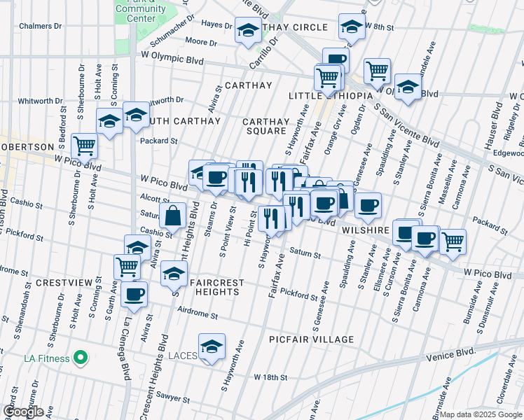 map of restaurants, bars, coffee shops, grocery stores, and more near 5910 West Pico Boulevard in Los Angeles