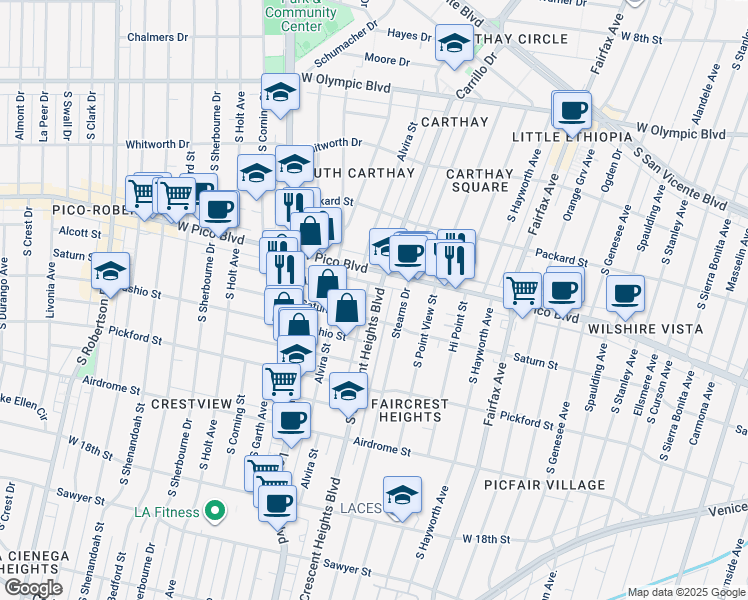 map of restaurants, bars, coffee shops, grocery stores, and more near 1432 1/2 South Crescent Heights Boulevard in Los Angeles