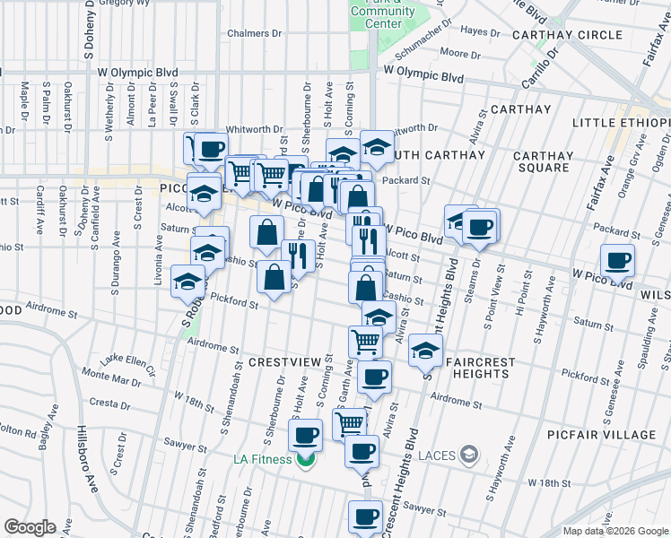 map of restaurants, bars, coffee shops, grocery stores, and more near 1482 South Holt Avenue in Los Angeles