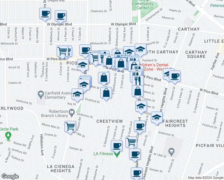 map of restaurants, bars, coffee shops, grocery stores, and more near 8635 Cashio Street in Los Angeles