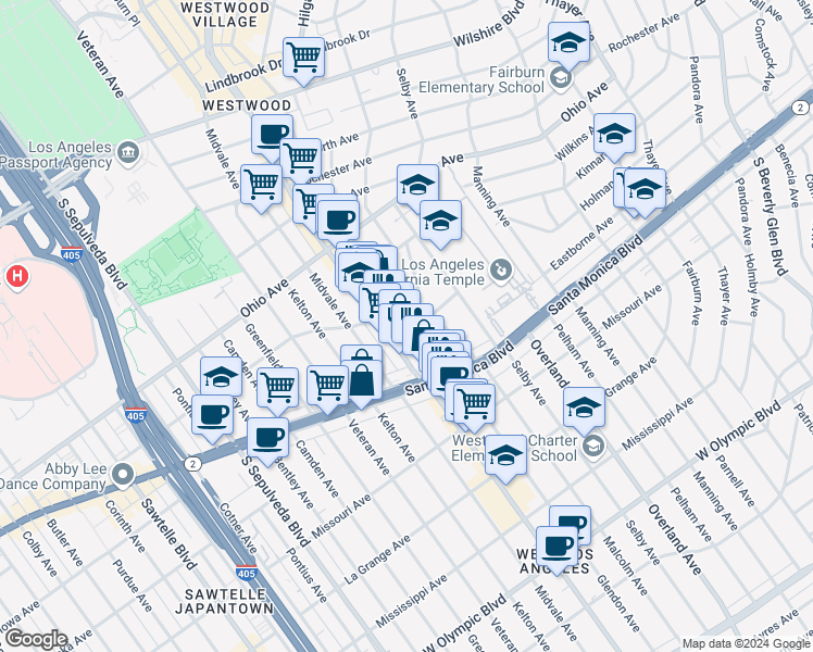 map of restaurants, bars, coffee shops, grocery stores, and more near 1730 Glendon Avenue in Los Angeles