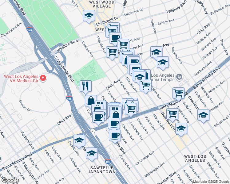 map of restaurants, bars, coffee shops, grocery stores, and more near 1527 Veteran Avenue in Los Angeles