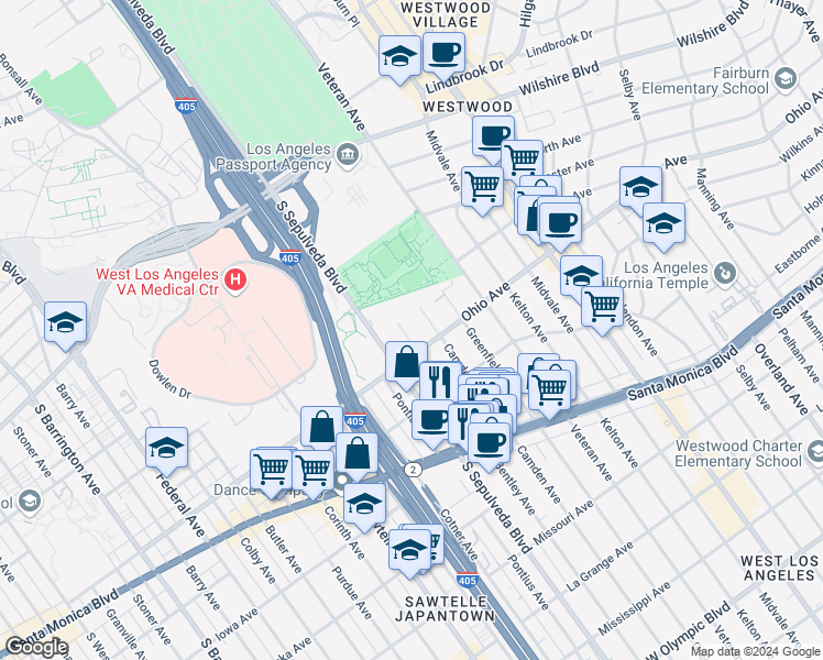 map of restaurants, bars, coffee shops, grocery stores, and more near 1422 South Bentley Avenue in Los Angeles