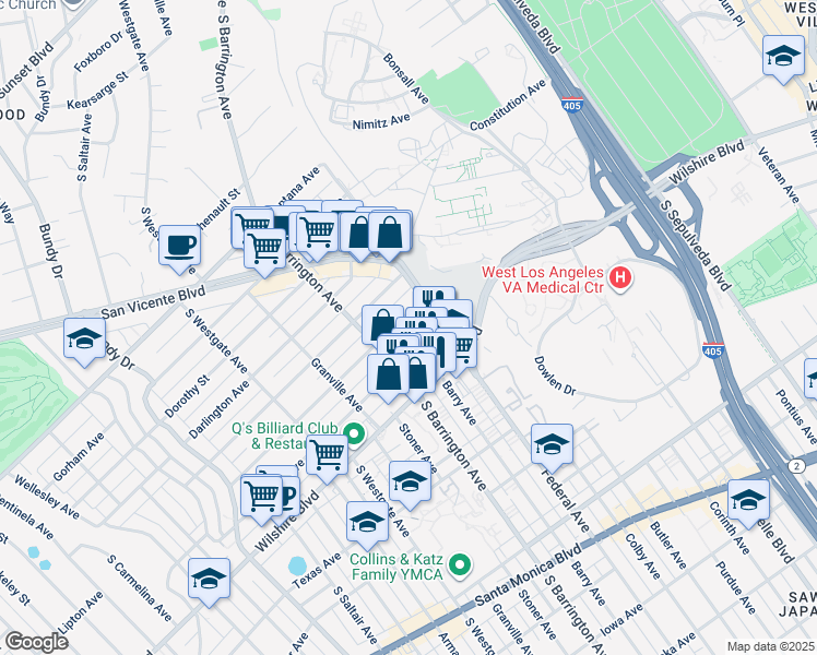 map of restaurants, bars, coffee shops, grocery stores, and more near 1145 Barry Avenue in Los Angeles