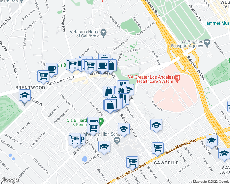 map of restaurants, bars, coffee shops, grocery stores, and more near 1145 Barry Avenue in Los Angeles