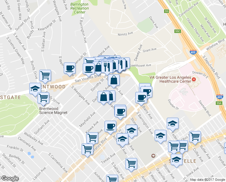 map of restaurants, bars, coffee shops, grocery stores, and more near 11714 Mayfield Avenue in Los Angeles