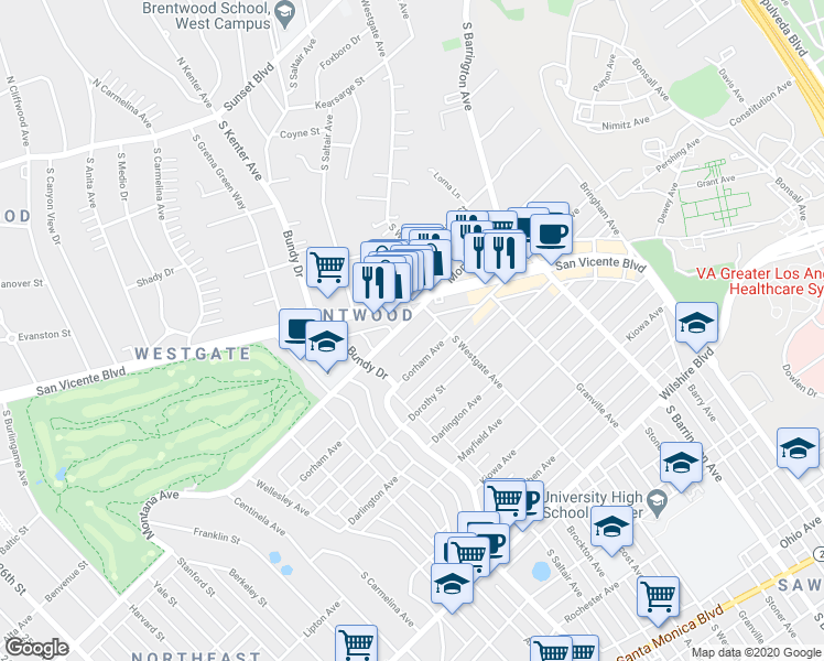 map of restaurants, bars, coffee shops, grocery stores, and more near 11911 Gorham Avenue in Los Angeles