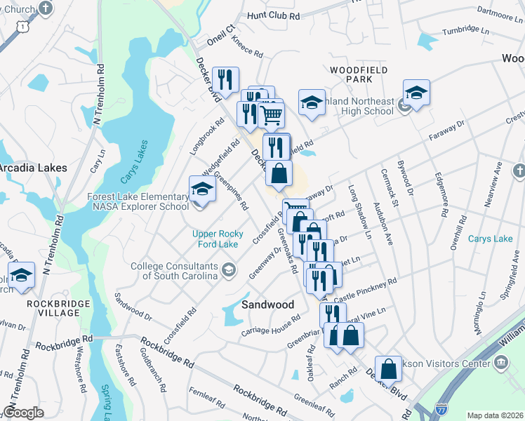 map of restaurants, bars, coffee shops, grocery stores, and more near 2224 Greenpines Road in Columbia