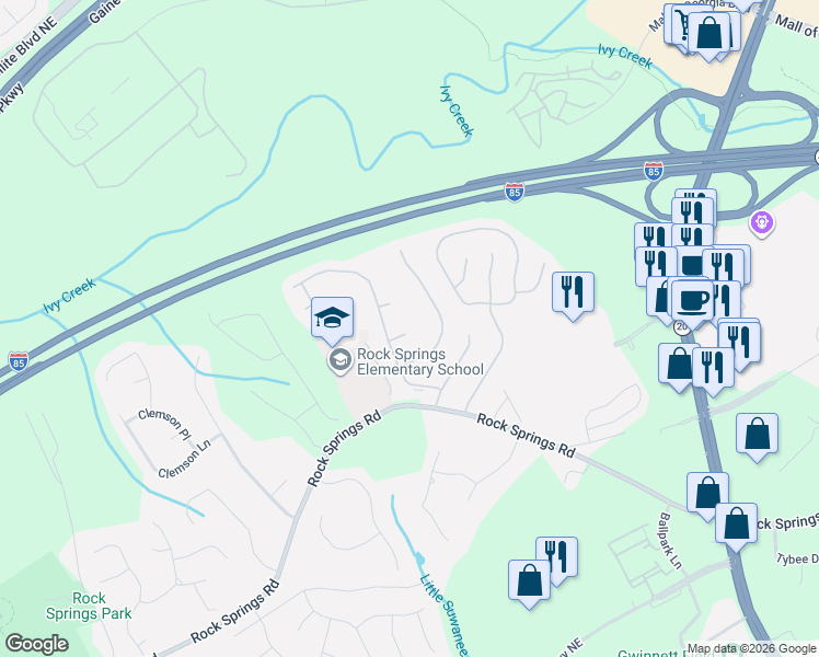 map of restaurants, bars, coffee shops, grocery stores, and more near 947 Koala Street in Lawrenceville