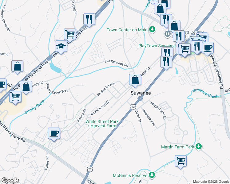 map of restaurants, bars, coffee shops, grocery stores, and more near 682 Jackson Street Northwest in Suwanee