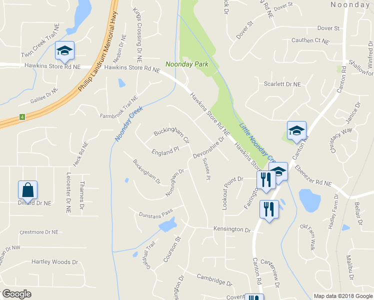 map of restaurants, bars, coffee shops, grocery stores, and more near 301 England Place in Marietta