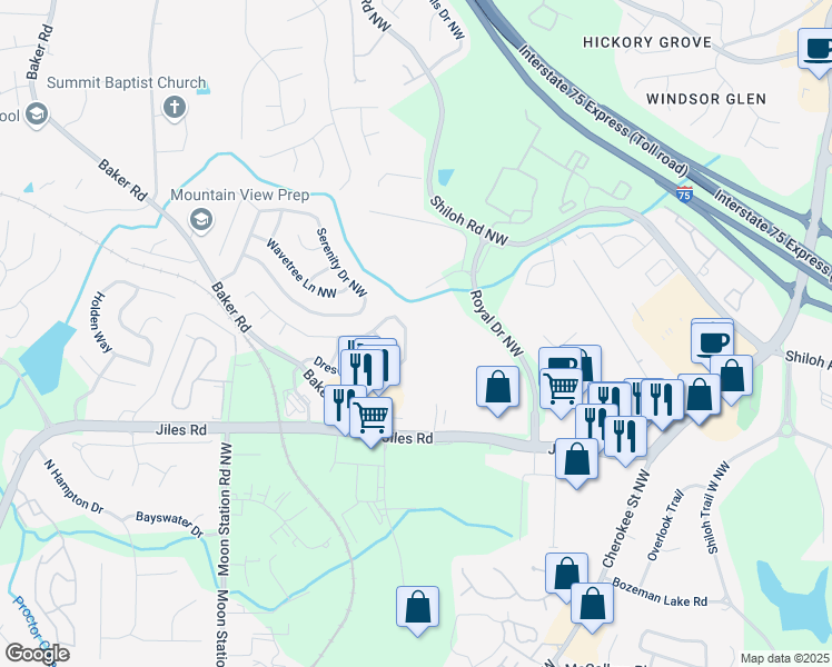 map of restaurants, bars, coffee shops, grocery stores, and more near 2204 Dresden Green in Kennesaw