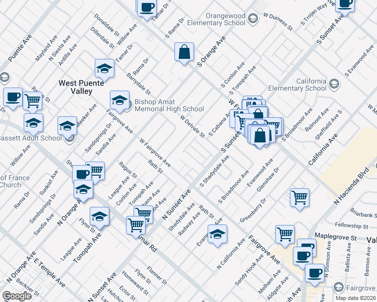 map of restaurants, bars, coffee shops, grocery stores, and more near 1525 West Starburst Drive in West Covina