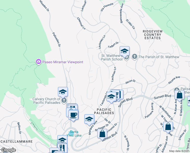 map of restaurants, bars, coffee shops, grocery stores, and more near 16900 Enchanted Place in Los Angeles
